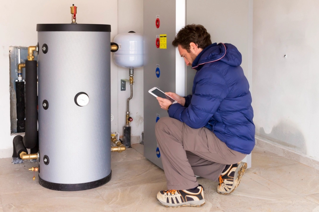 Man checking a water heater